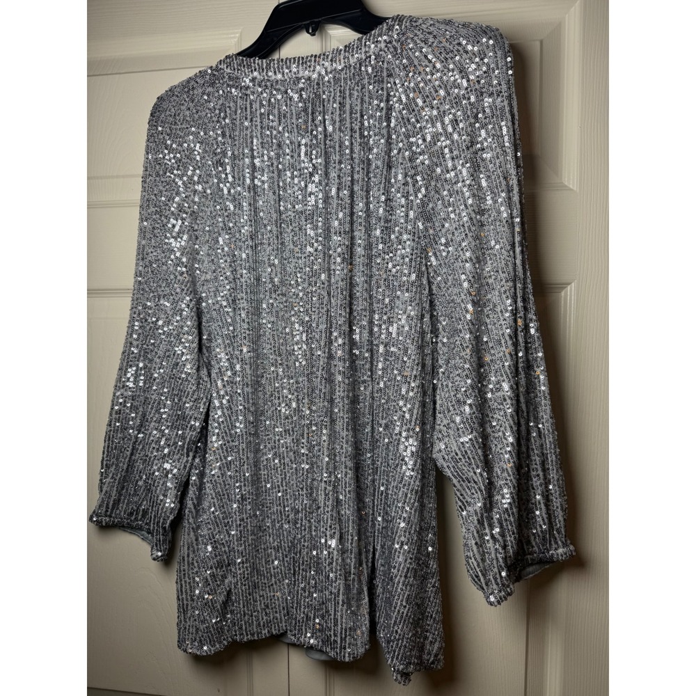 Crown & Ivy Womens XXL Silver Sequin Split V-Neck Long Sleeve Blouse Top Holiday